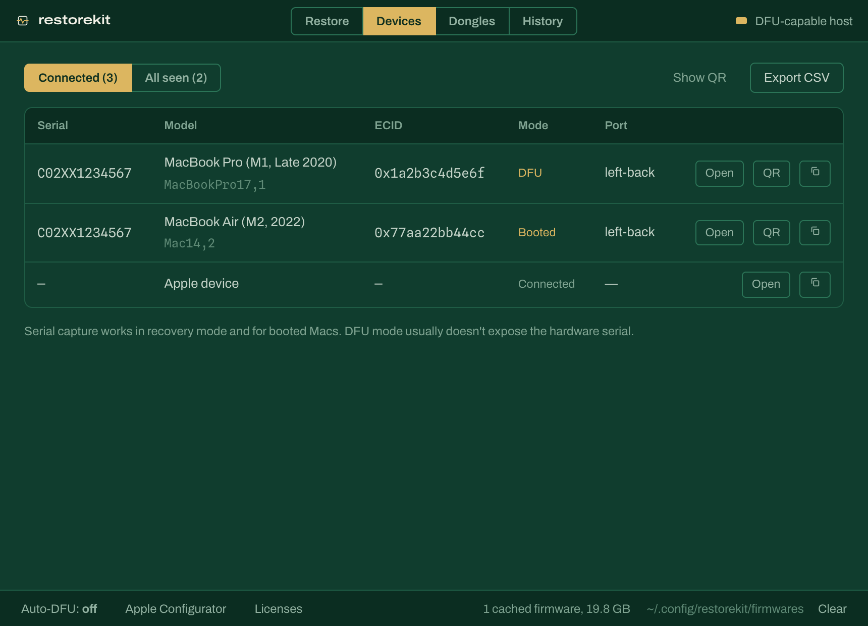 Devices tab listing connected Macs with serial numbers, ECIDs, modes and ports, with QR and CSV export buttons