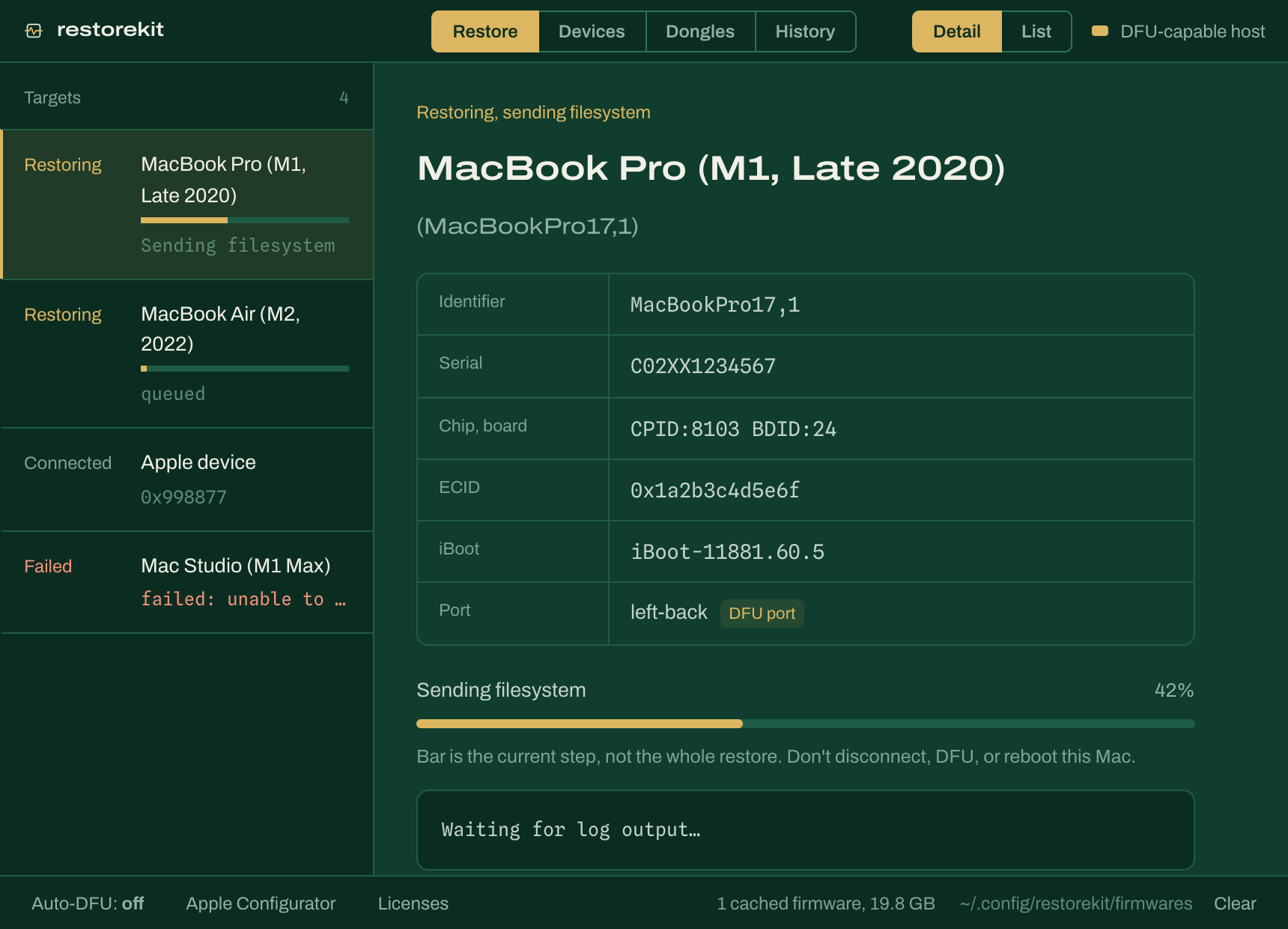 restorekit desktop app restoring a MacBook Pro, 42% through sending the filesystem, with two more macs queued